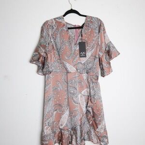 AX Paris Womens Curve Mini Dress 16 Pink Silver Paisley Wrap Boho Brunch Cowgirl